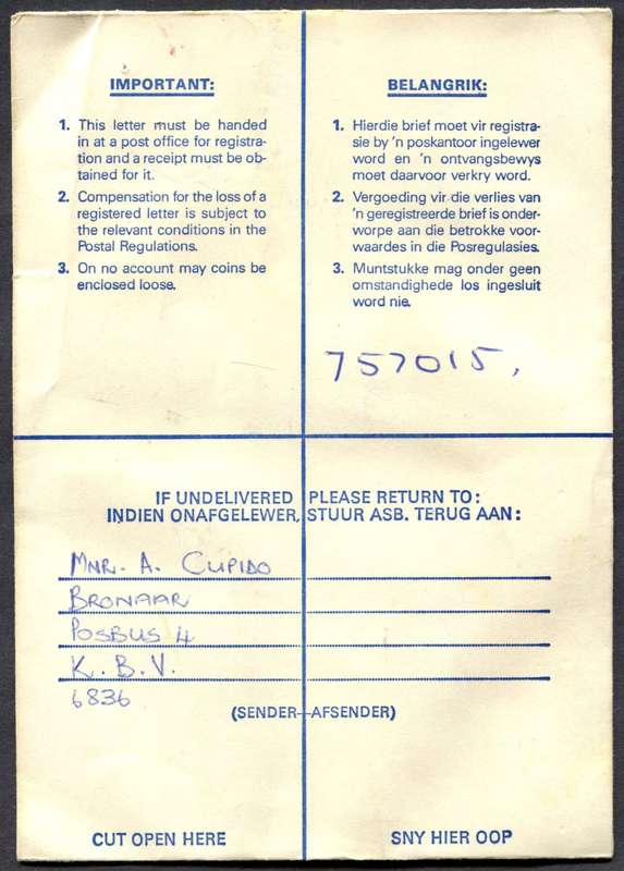 RSA - Cover Registered At Koue Bokkeveld Post Office