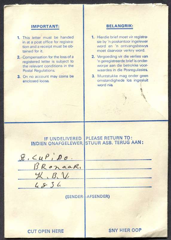 RSA - Cover Registered At Koue Bokkeveld Post Office