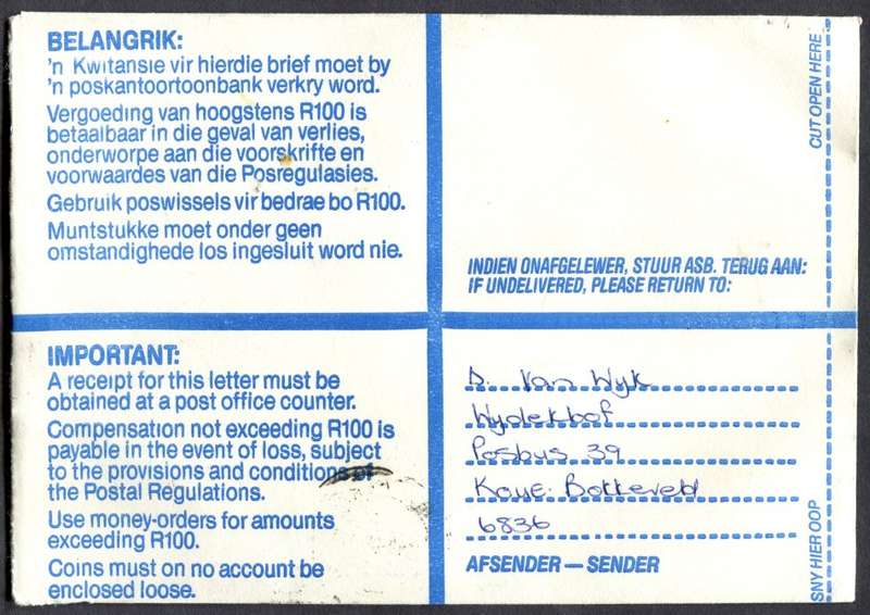 RSA - Cover Registered At Koue Bokkeveld Post Office