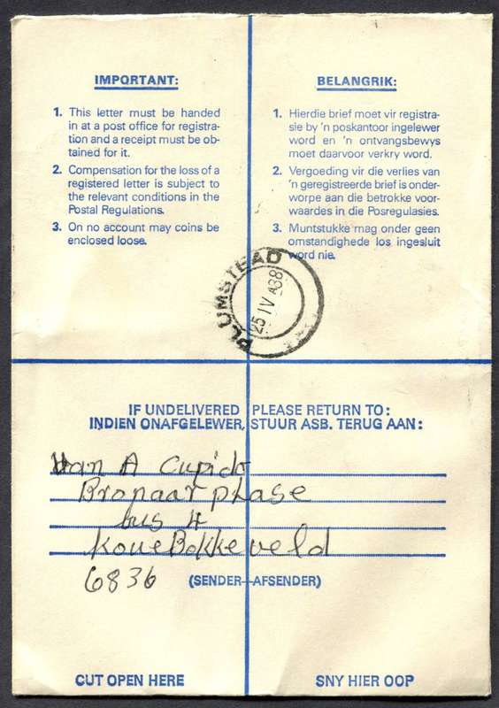 RSA - Cover Registered At Koue Bokkeveld Post Office