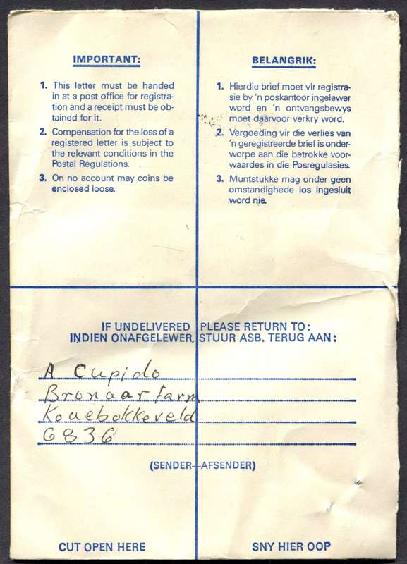 RSA - Cover Registered At Koue Bokkeveld Post Office