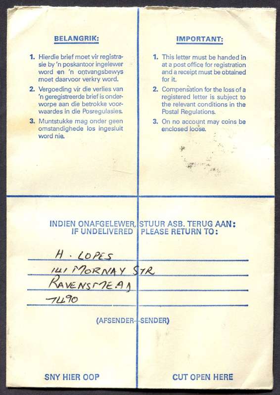 RSA - Cover Registered At Kuilsrivier Post Office