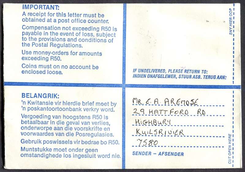 RSA - Cover Registered At Kuilsrivier Post Office
