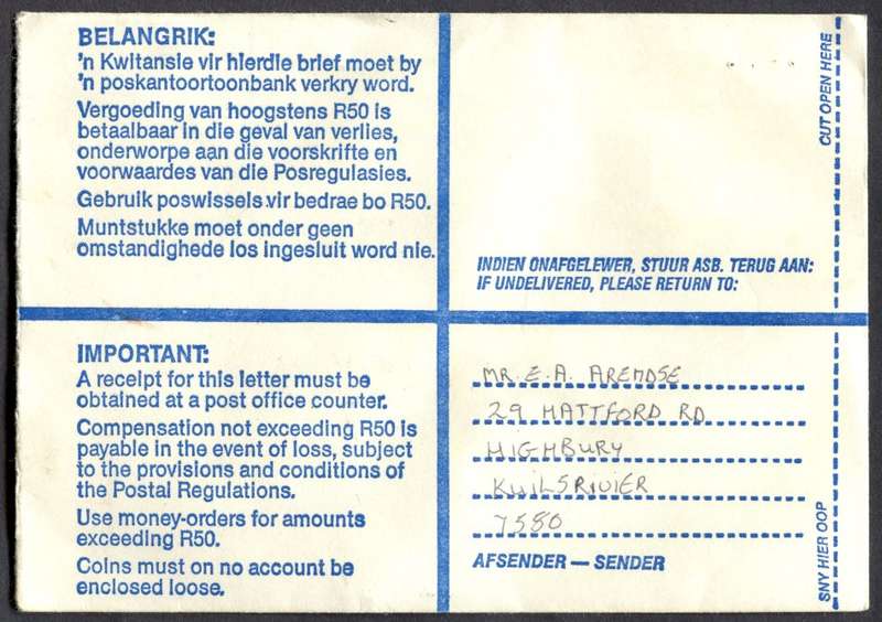 RSA - Cover Registered At Kuilsrivier Post Office