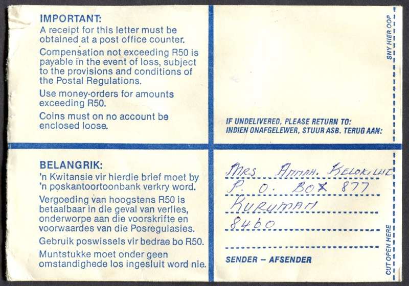 RSA - Cover Registered At Kuruman Post Office
