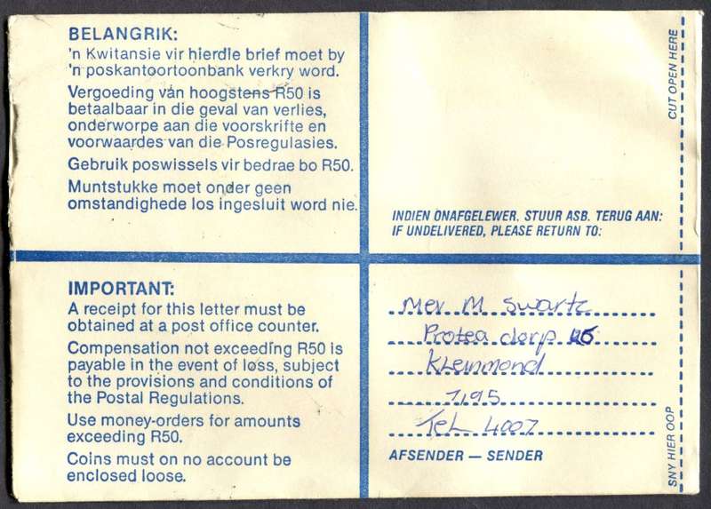 RSA - Cover Registered At Kleinmond Post Office