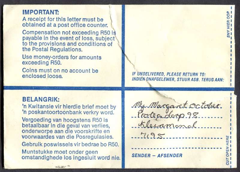 RSA - Cover Registered At Kleinmond Post Office