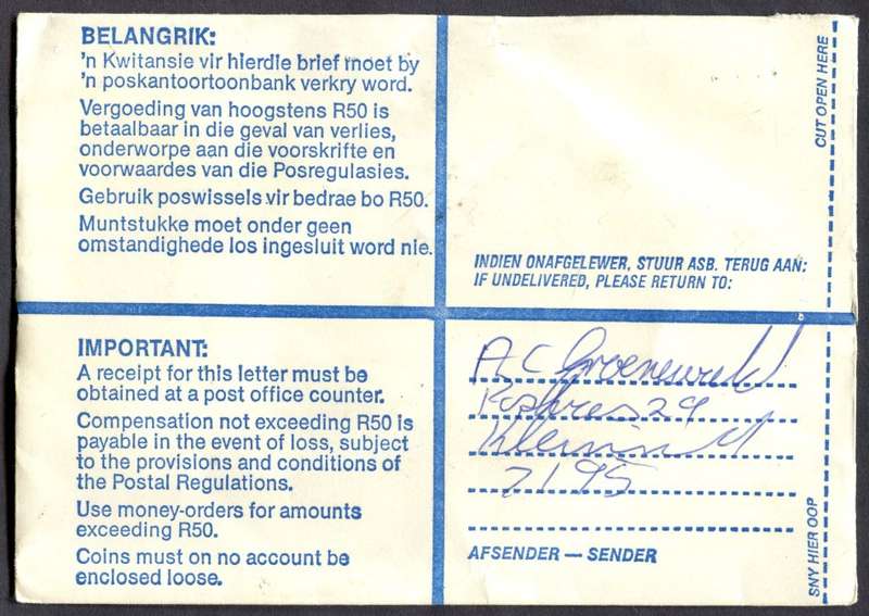 RSA - Cover Registered At Kleinmond Post Office