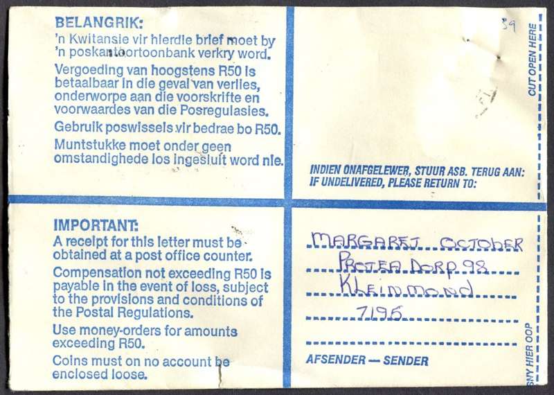 RSA - Cover Registered At Kleinmond Post Office