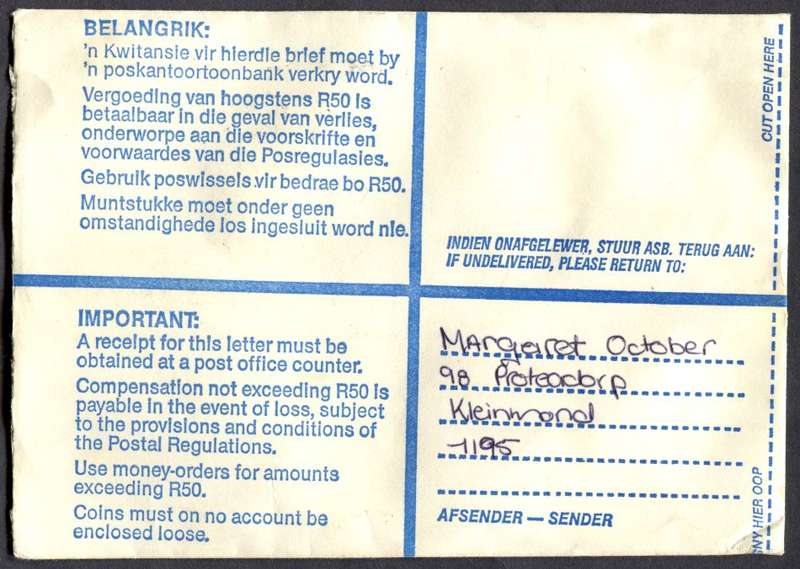 RSA - Cover Registered At Kleinmond Post Office