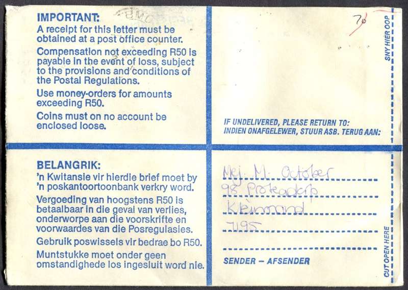 RSA - Cover Registered At Kleinmond Post Office