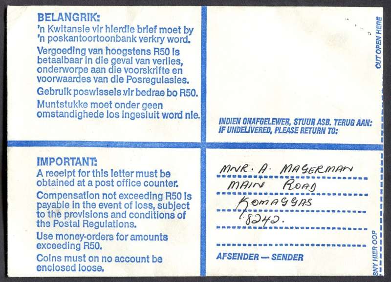 RSA - Cover Registered At Kleinsee Post Office