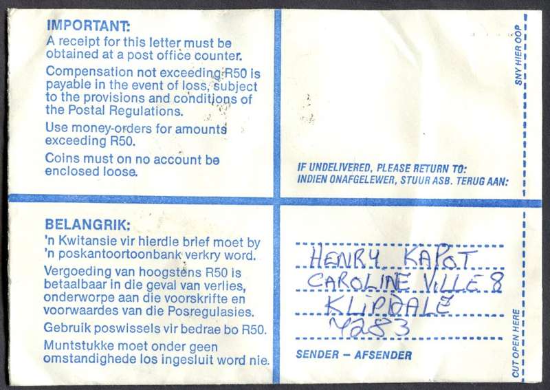RSA - Cover Registered At Klipdale Post Office