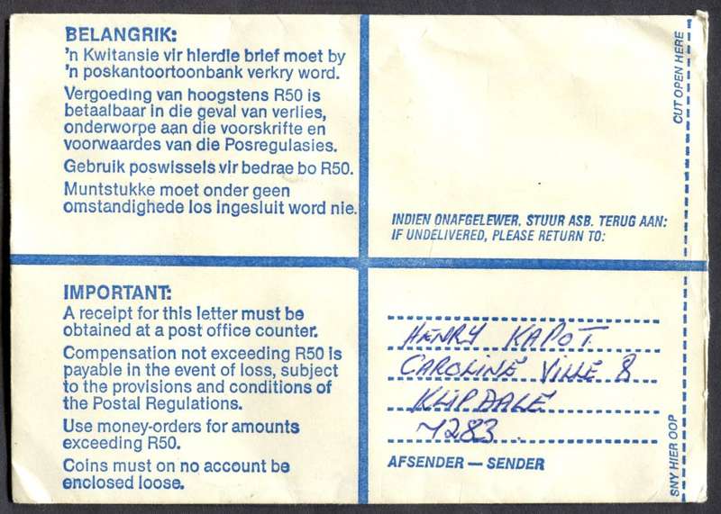 RSA - Cover Registered At Klipdale Post Office