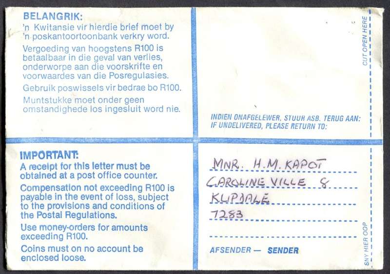 RSA - Cover Registered At Klipdale Post Office