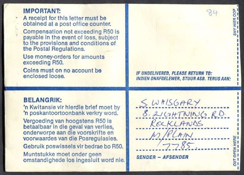 RSA - Cover Registered At Lansdowne Post Office