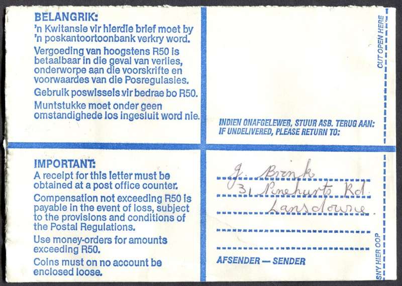 RSA - Cover Registered At Lansdowne Post Office