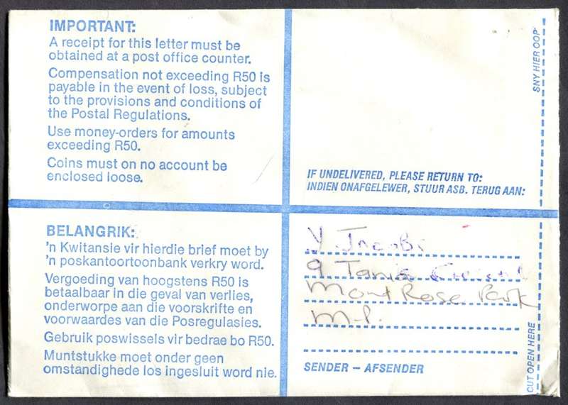 RSA - Cover Registered At Lentegeur Post Office