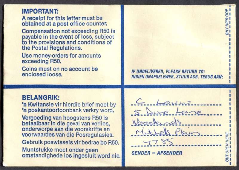 RSA - Cover Registered At Lentegeur Post Office
