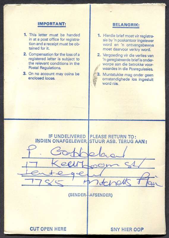 RSA - Cover Registered At Lentegeur Post Office