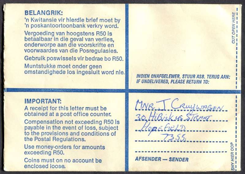RSA - Cover Registered At Langebaanweg Post Office