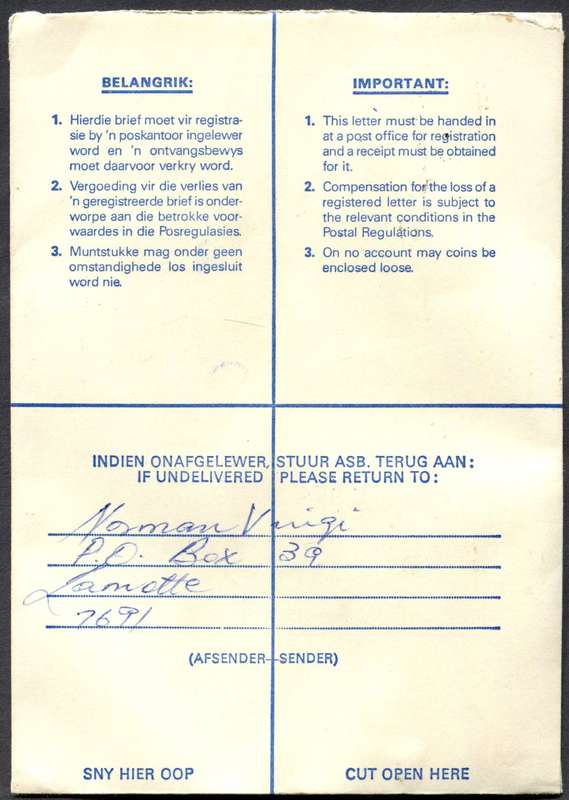 RSA - Cover Registered At La Motte Post Office