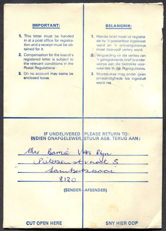 RSA - Cover Registered At Lamberts Bay Post Office