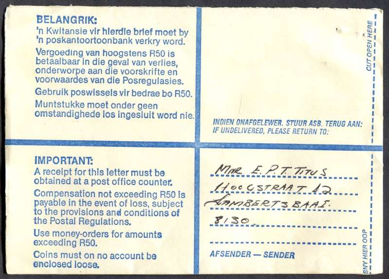 RSA - Cover Registered At Lamberts Bay Post Office