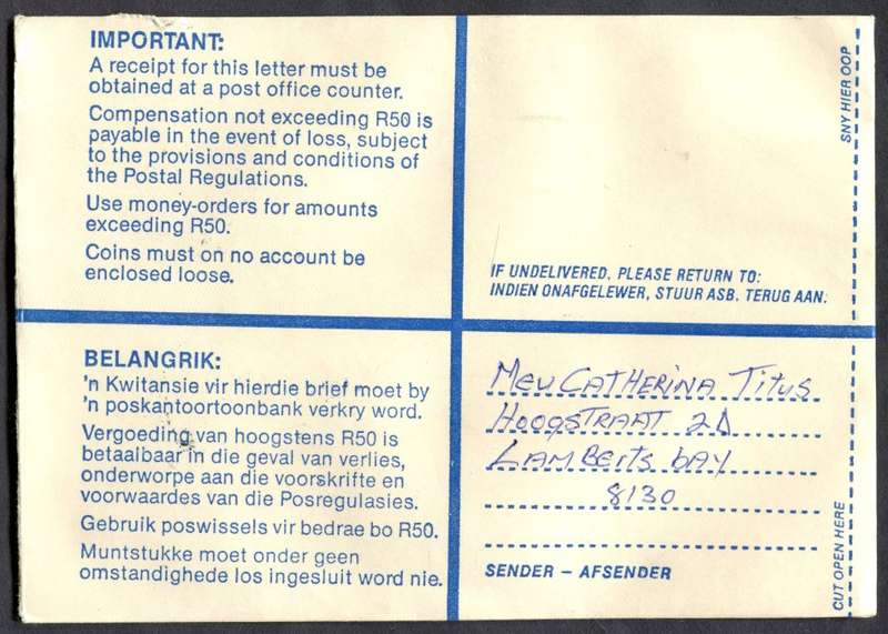 RSA - Cover Registered At Lamberts Bay Post Office