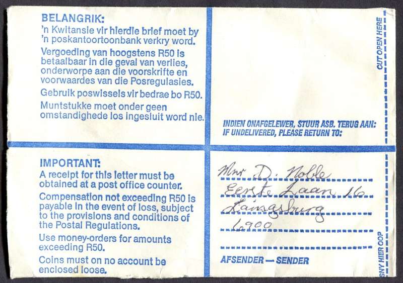 RSA - Cover Registered At Laingsburg Post Office