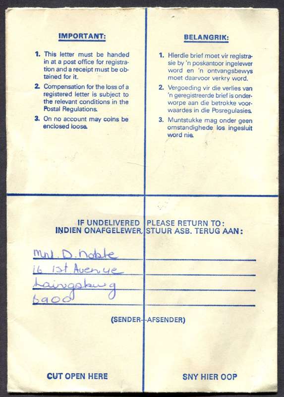RSA - Cover Registered At Laingsburg Post Office