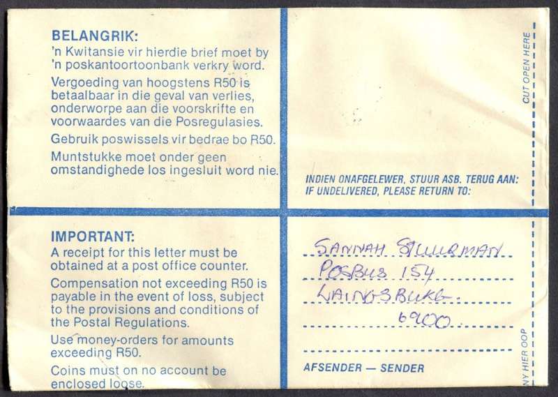 RSA - Cover Registered At Laingsburg Post Office