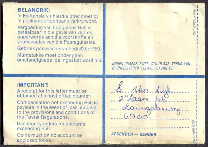 RSA - Cover Registered At Laingsburg Post Office