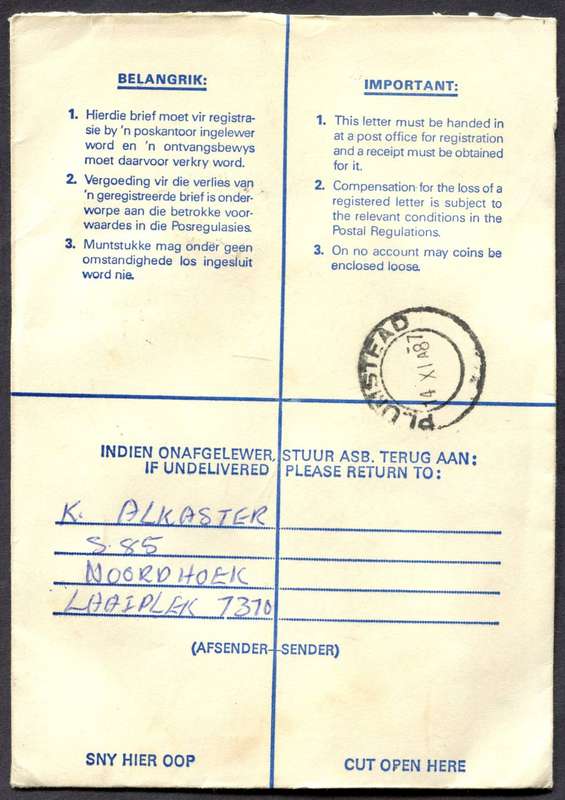 RSA - Cover Registered At Laaiplek Post Office