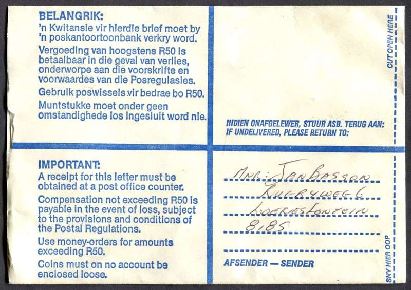 RSA - Cover Registered At Loeriesfontein Post Office