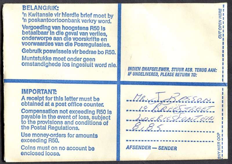 RSA - Cover Registered At Loeriesfontein Post Office