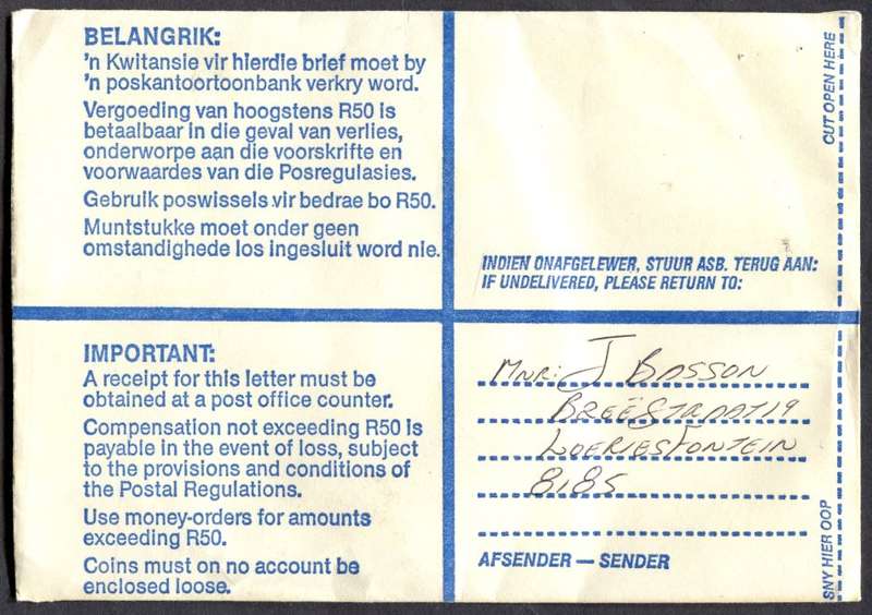 RSA - Cover Registered At Loeriesfontein Post Office