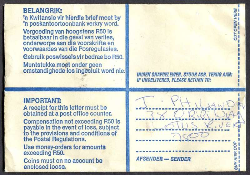 RSA - Cover Registered At Lotus River Post Office