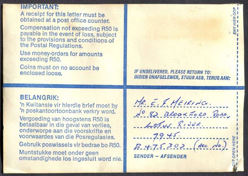 RSA - Cover Registered At Lotus River Post Office