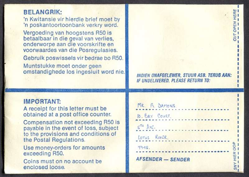 RSA - Cover Registered At Lotus River Post Office