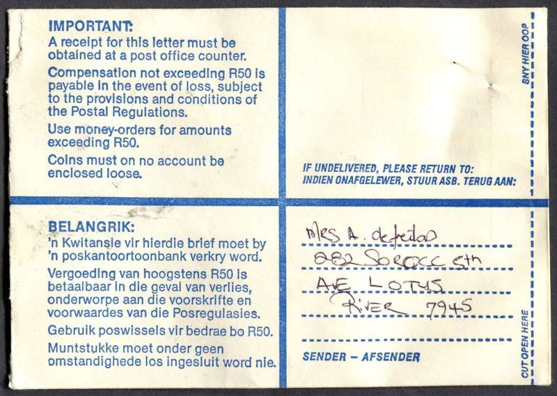 RSA - Cover Registered At Lotus River Post Office