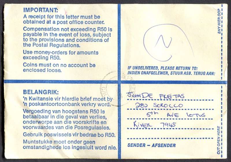RSA - Cover Registered At Lotus River Post Office