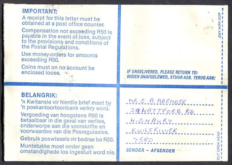 RSA - Cover Registered At Lotus River Post Office