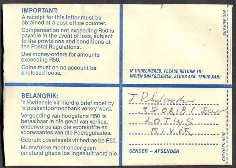RSA - Cover Registered At Lotus River Post Office