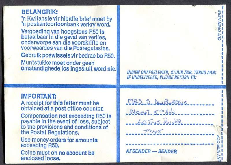 RSA - Cover Registered At Lotus River Post Office