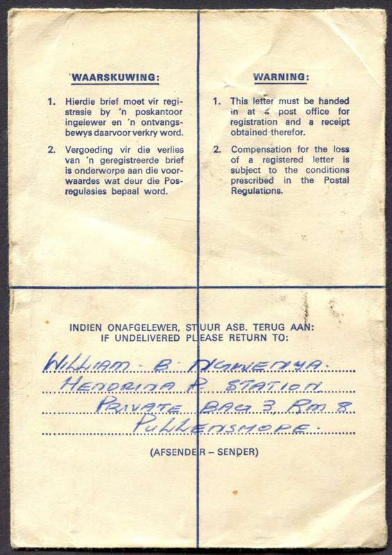 RSA - Cover Registered At Pullen's Hope Post Office