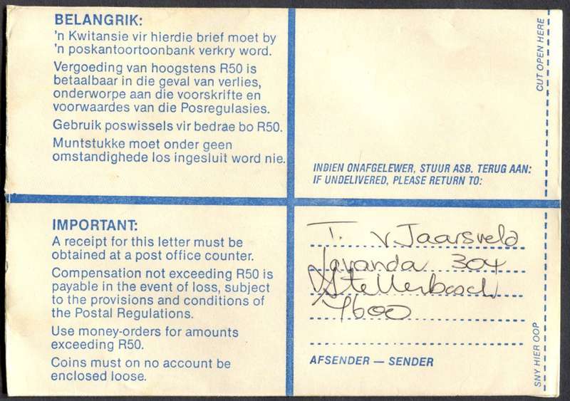 RSA - Cover Registered At Stellenbosch Post Office