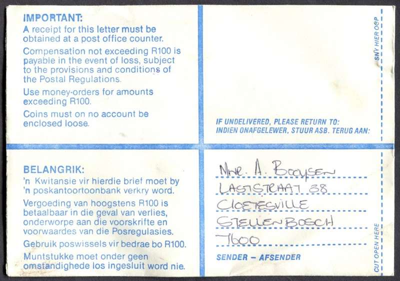 RSA - Cover Registered At Stellenbosch Post Office
