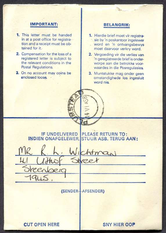 RSA - Cover Registered At Steenberg Post Office