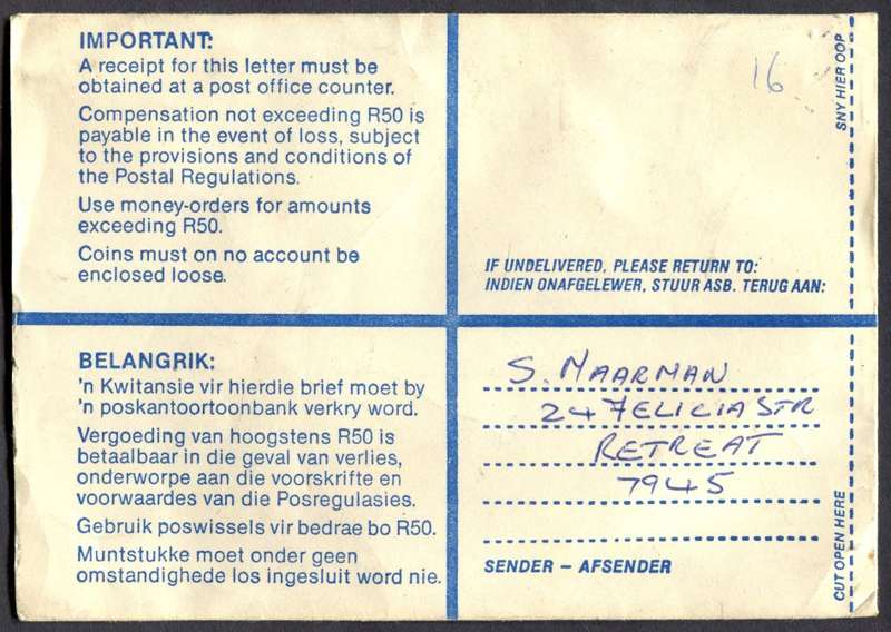 RSA - Cover Registered At Steenberg Post Office